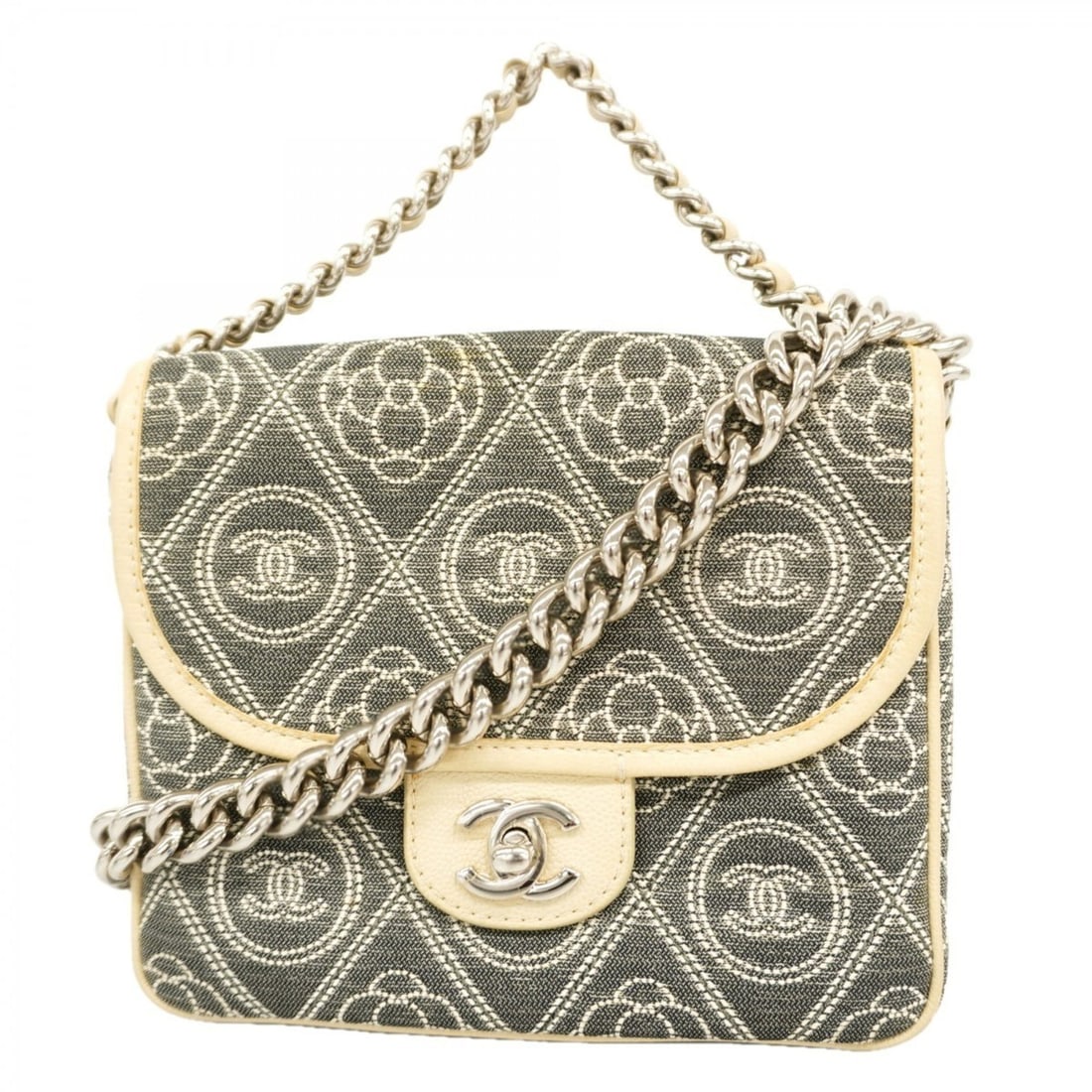 Chanel Camellia Chain Shoulder Handbag, Canvas, Gray, 2-way Bag for Women: --- Catalog ---Category: SizeSize (HxWxD): 16cm x 19cm x 8cm / 6.29'' x 7.48'' x 3.14''Category: DesignType: HandbagColor: GrayGender: WomenMaterial: Canvas Hardware Color: SilverCategory: GeneralBran