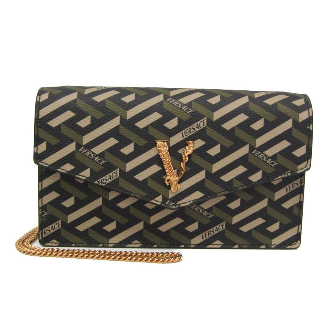 Versace Virtus La Greca Chain Shoulder Bag Women's PVC Shoulder Bag Black,Khaki: --- Catalog ---Category: SizeSize (HxWxD): 11.5cm x 19cm x 4cm / 4.52'' x 7.48'' x 1.57''Strap Length: 118cm / 46.45''Category: DesignType: Shoulder bagColor: Black, KhakiGender: WomenClosure: Magneti
