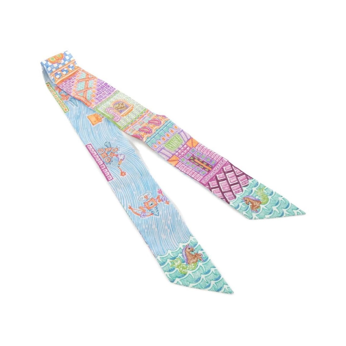 Hermes SUPER SILK QUEST Twilly 064011S Scarf Muffler: --- Catalog ---Category: SizeSize (LxW): 5cm x 86cm / 1.96'' x 33.85''Category: DesignType: ScarfColor: Orange, TurquoiseGender: Men,WomenMaterial: Silk Category: GeneralMPN: 064011SBrand: Hermes--- I