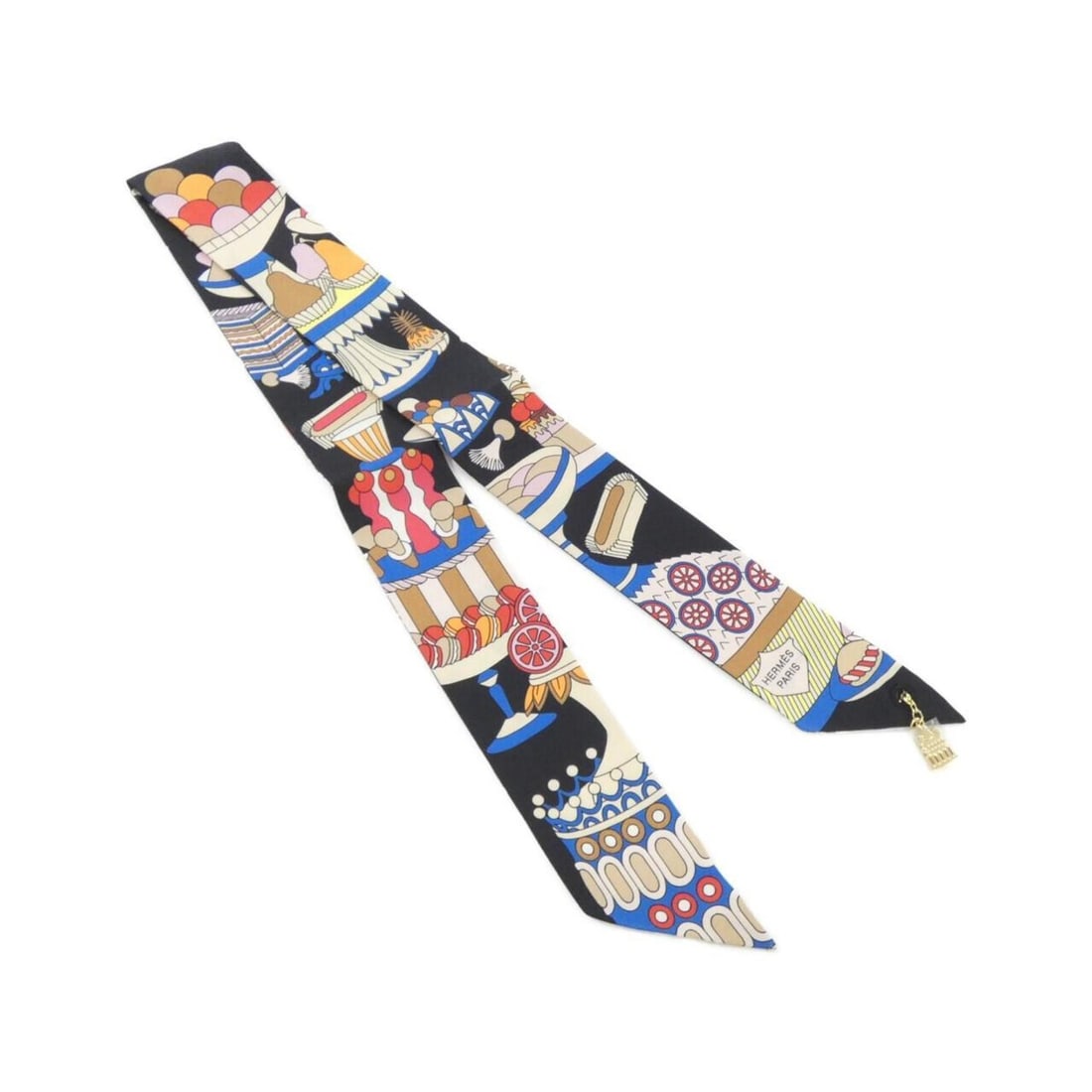 Hermes LA PATISSERIE FRANCAISE Twilly Charm 853336S Scarf Muffler: --- Catalog ---Category: SizeSize (LxW): 5cm x 86cm / 1.96'' x 33.85''Category: DesignType: ScarfColor: Black, Blue, WhiteGender: Men,WomenMaterial: Silk Category: GeneralMPN: 853336SBrand: Hermes---