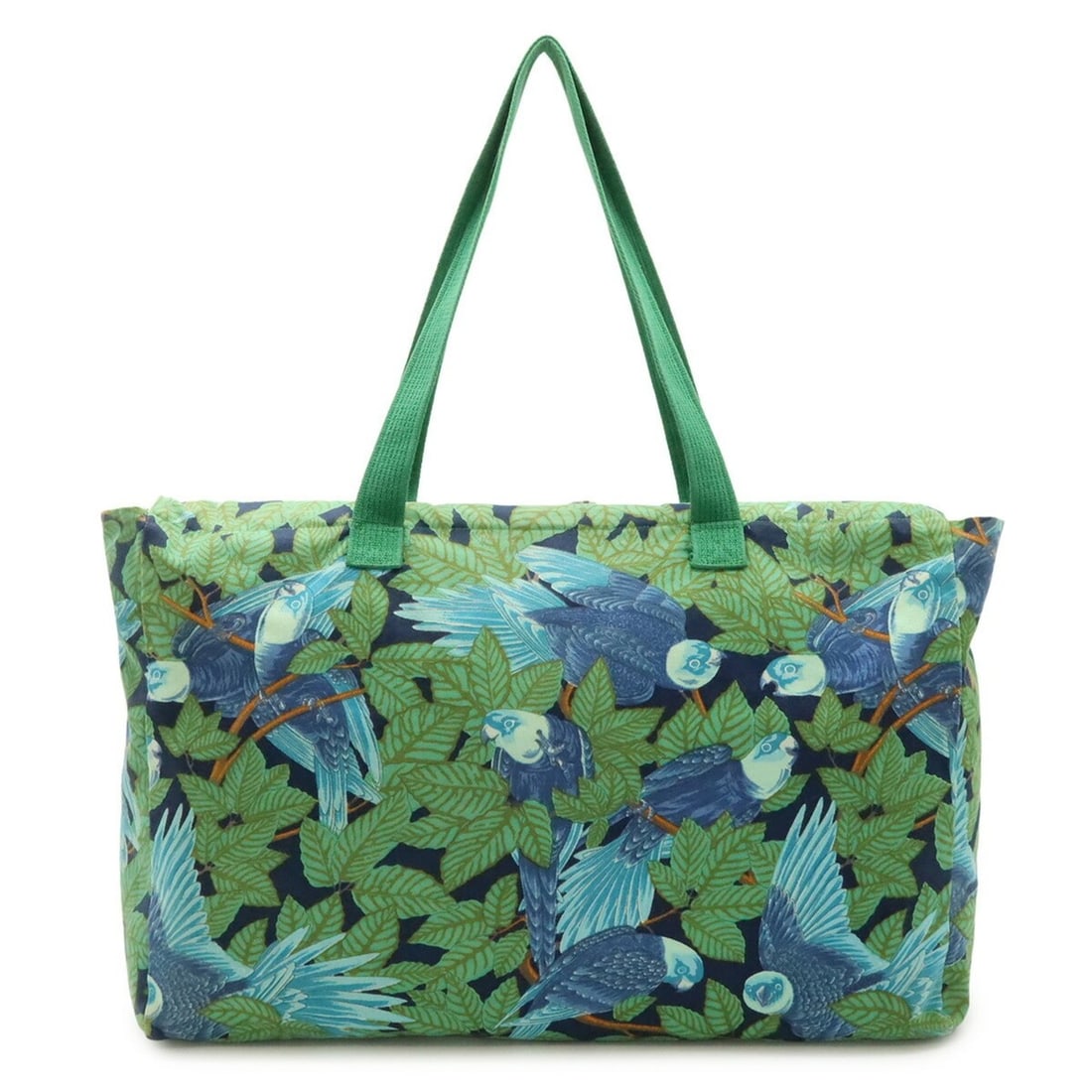 HERMES Large Tote Bag/Shoulder Bag with Bird Motif (Parrot/Bird Pattern) - Canvas Green/Blue: --- Catalog ---Category: SizeSize (HxWxD): 34cm x 44cm x 11cm / 13.38'' x 17.32'' x 4.33''Category: DesignType: Shoulder bag, Tote bagColor: Blue, GreenGender: WomenMaterial: Canvas Category: GeneralB