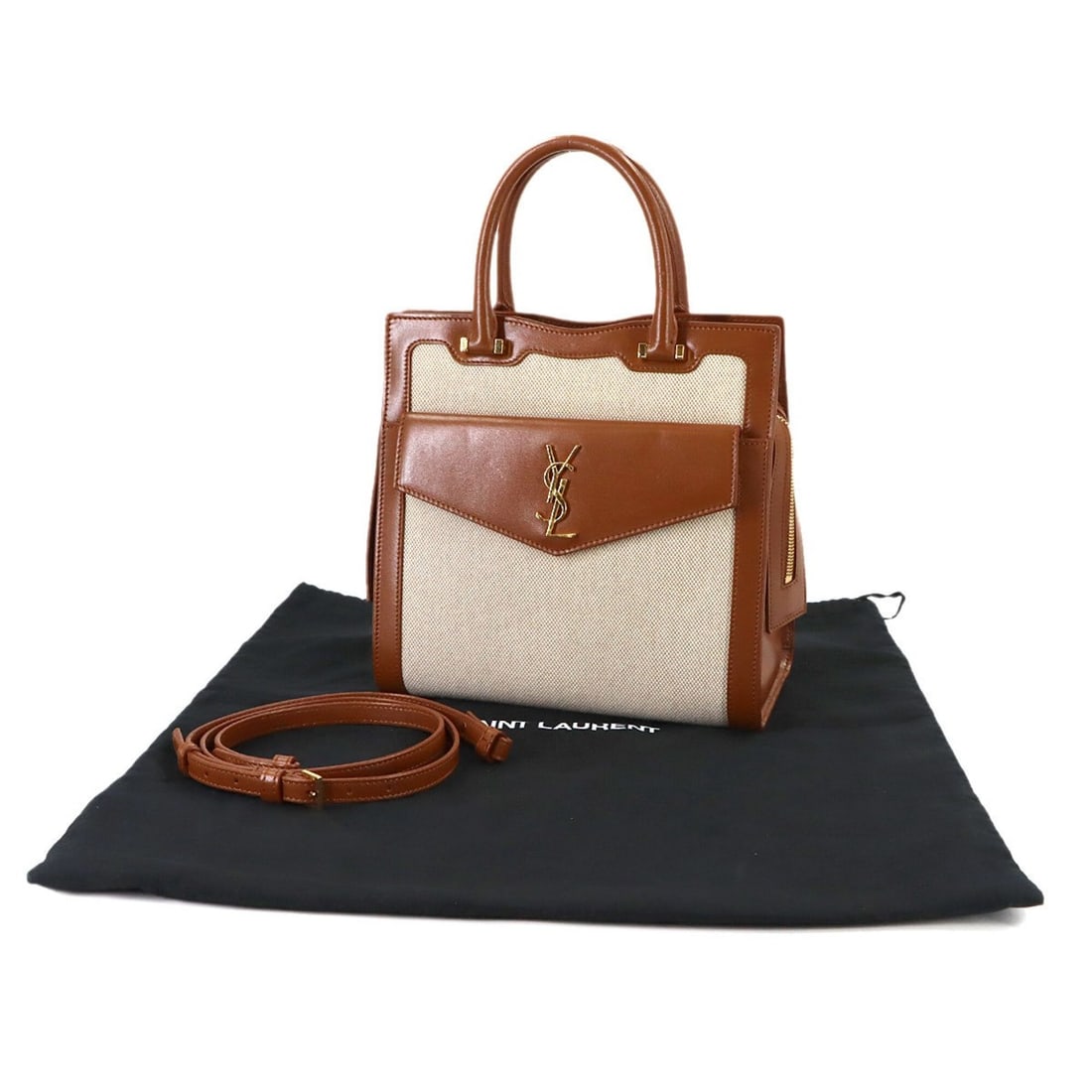 Saint Laurent Uptown 2-way Hand/Shoulder Handbag, Canvas and Leather, Natural Brown, 561203, Gold: --- Catalog ---Category: SizeSize (HxWxD): 22.5cm x 22.5cm x 12cm / 8.85'' x 8.85'' x 4.72''Category: DesignType: HandbagColor: BrownGender: WomenMaterial: Canvas , Leather Category: GeneralMPN: 56120