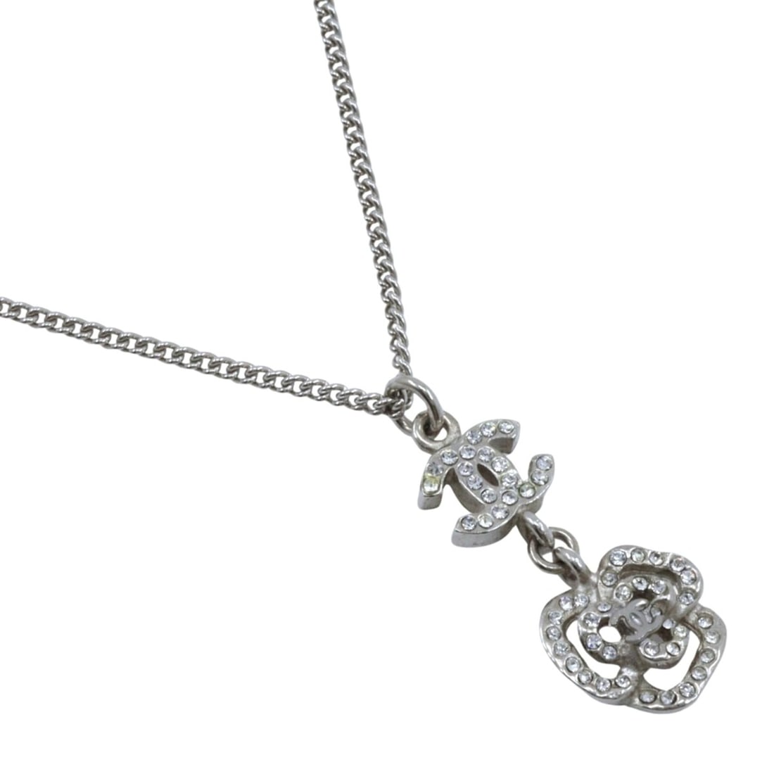 Chanel Coco Mark Necklace, Camellia Design, Metal x Rhinestone, 2007, Silver, 07P, Approx. 6.0g,: --- Catalog ---Category: SizePendant Size: 31mm x 13mm / 1.22'' x 0.51''Category: DesignColor: SilverGender: WomenMaterial: Gold plating, RhinestoneNecklace Type: NecklaceCategory: GeneralBrand: Chane
