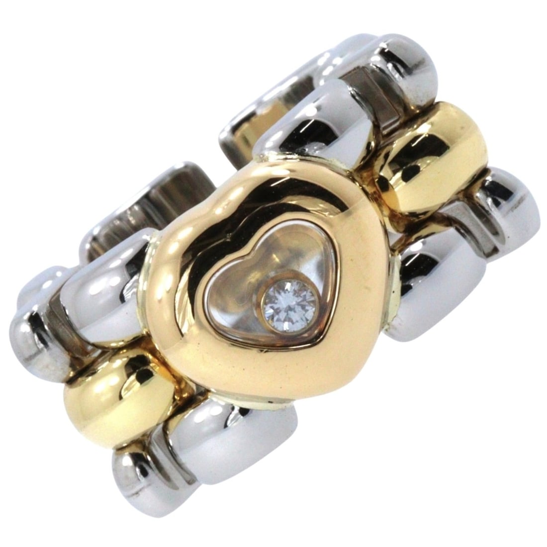 Chopard Happy Diamonds ring, size 11, heart design, 82/8401-20, 18K yellow gold and stainless steel,: --- Catalog ---Category: SizeJP Size: 11US Size: 6Category: DesignType: Band ringGender: WomenMaterial: Stainless steel, Yellow gold (18K)Category: GeneralBrand: Chopard--- Item List ---Section: Condi