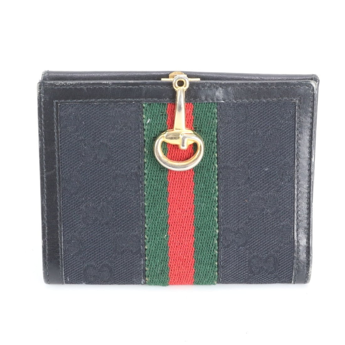 Gucci Horsebit Sherry Line GG Canvas Leather Bi-fold Wallet, Navy, Women's: --- Catalog ---Category: SizeSize (HxWxD): 9cm x 12cm x 1cm / 3.54'' x 4.72'' x 0.39''Category: DesignType: Wallet (bi-fold)Color: NavyGender: WomenMaterial: Leather , Canvas Category: GeneralBrand: G