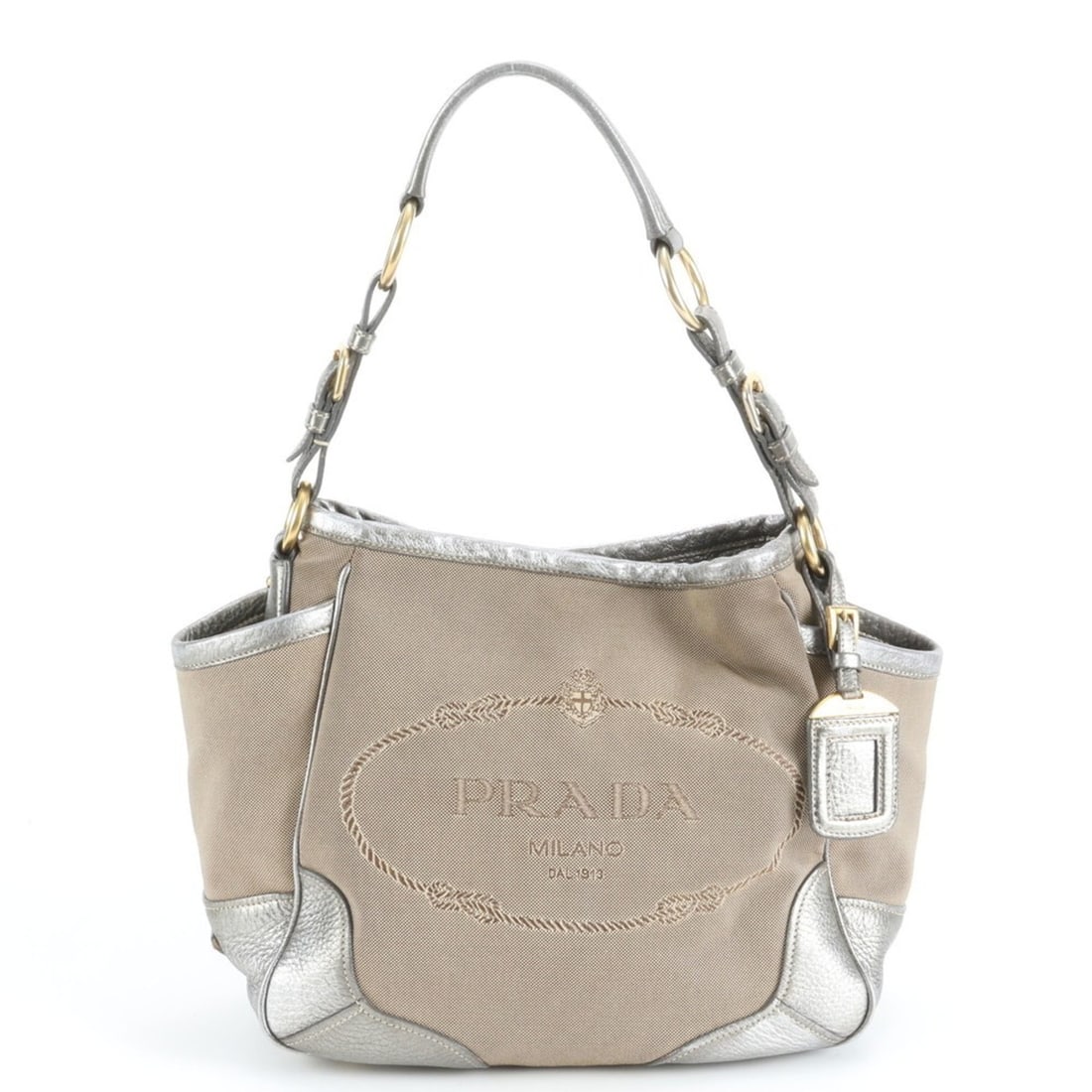 Prada Logo Jacquard Triangle Leather Tote Bag Shoulder Handbag for Women: --- Catalog ---Category: SizeSize (HxWxD): 24cm x 28cm x 12cm / 9.44'' x 11.02'' x 4.72''Strap Length: 52cm / 20.47''Category: DesignType: Handbag, Tote bagColor: Beige, SilverGender: WomenMaterial: L