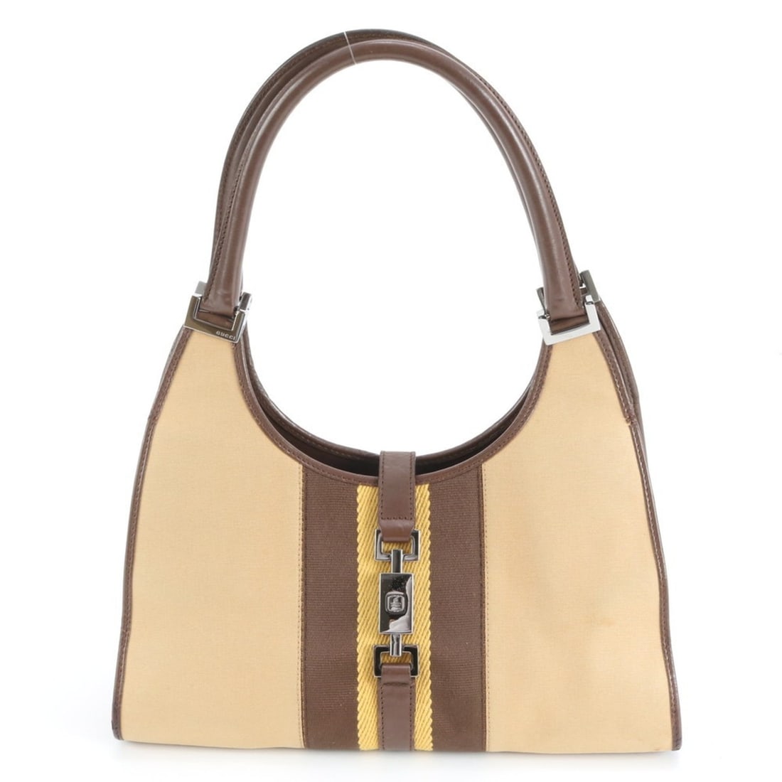 Gucci Jackie 002 1067 Leather Canvas Handbag Tote Bag Brown Women's: --- Catalog ---Category: SizeSize (HxWxD): 16cm x 31cm x 10cm / 6.29'' x 12.2'' x 3.93''Category: DesignType: Handbag, Tote bagColor: BrownGender: WomenMaterial: Leather , Canvas Category: GeneralBran