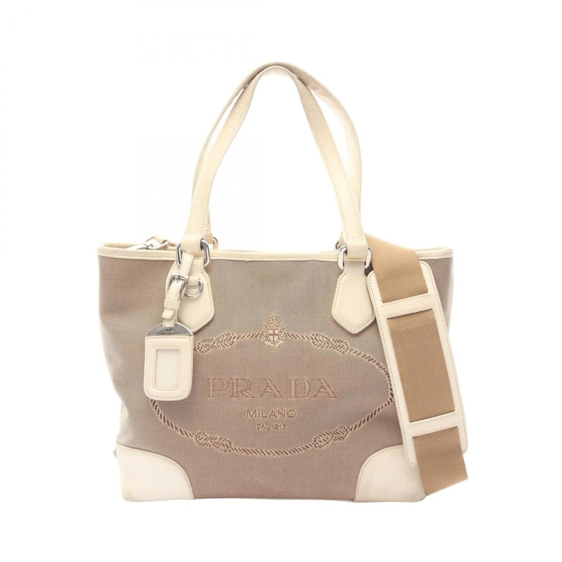Prada LOGO JACQUARD 2-Way Tote Bag/Handbag, Canvas and Leather, Women's, Beige/White, BR3414: --- Catalog ---Category: SizeSize (HxWxD): 23.5cm x 27cm x 10cm / 9.25'' x 10.62'' x 3.93''Category: DesignType: Handbag, Tote bagColor: Beige, WhiteGender: WomenMaterial: Canvas , Leather Category: G