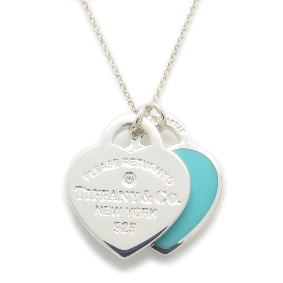 TIFFANY&Co. Tiffany & Co. Return to Double Heart Tag Necklace, 1 Diamond, Blue, SV925 x Enamel,: --- Catalog ---Category: SizePendant Size: 21.5mm x 16mm / 0.84'' x 0.62''Neck Circumference: 40 cm - 45 cm / 15.74'' - 17.71''Category: DesignColor: BlueGender: WomenMaterial: Enamel, Silver 925Neckl