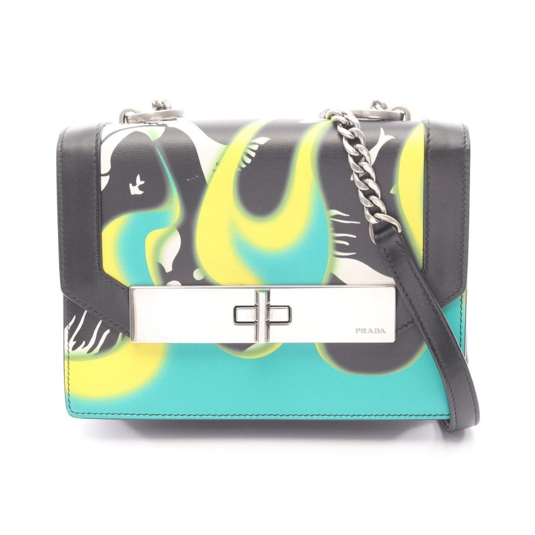 Prada City Calf Stamp Shoulder Bag/Handbag, Leather, Women's, Black/Green/Multicolor, 1BD156 (1 of 9)