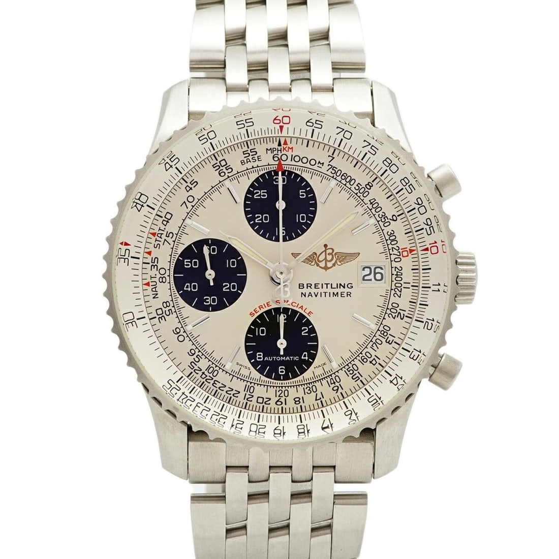 Breitling Navitimer Fighters A13330 Ivory Dial Men's Watch: --- Catalog ---Category: SizeWrist Size: 20cm / 7.87''Case Diameter: 41.5mm / 1.63''Category: DesignType: WristwatchGender: MenColor (Dial): IvoryMaterial (Band): Stainless steelCategory: GeneralMPN: