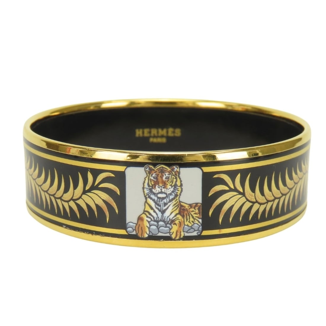 Hermes Bangle Email GM Metal Enamel Black Gold Cloisonné Tiger Pattern Women's HERMES: --- Catalog ---Category: SizeWidth: 1.9cm / 0.74''Length: 19.5cm / 7.67''Weight: 35.9g / 1.26oz.Category: DesignType: BangleColor: Black, GoldGender: WomenMaterial: Cloisonné/enamel, MetalCategory: G