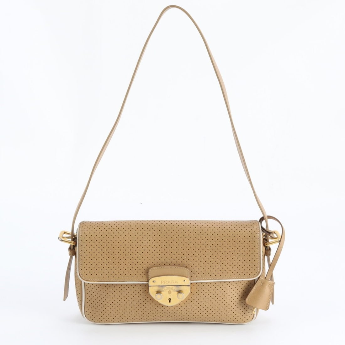 Prada Perforated Leather One-Shoulder Bag Handbag Beige Brand Women's: --- Catalog ---Category: SizeSize (HxWxD): 15cm x 26cm x 8cm / 5.9'' x 10.23'' x 3.14''Strap Length: 80cm / 31.49''Category: DesignType: Handbag, Shoulder bagColor: BeigeGender: WomenMaterial: Leather