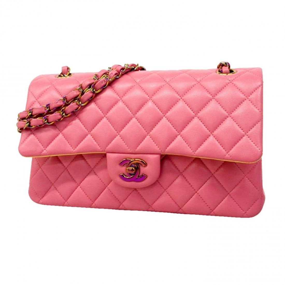 Chanel Matelassé Shoulder Bag, Double Flap, Chain, Lambskin, Pink/Yellow, Women's: --- Catalog ---Category: SizeSize (HxWxD): 14.5cm x 25.5cm x 6.5cm / 5.7'' x 10.03'' x 2.55''Category: DesignType: Shoulder bagColor: Pink, YellowGender: WomenMaterial: Leather Hardware Color: GoldLea
