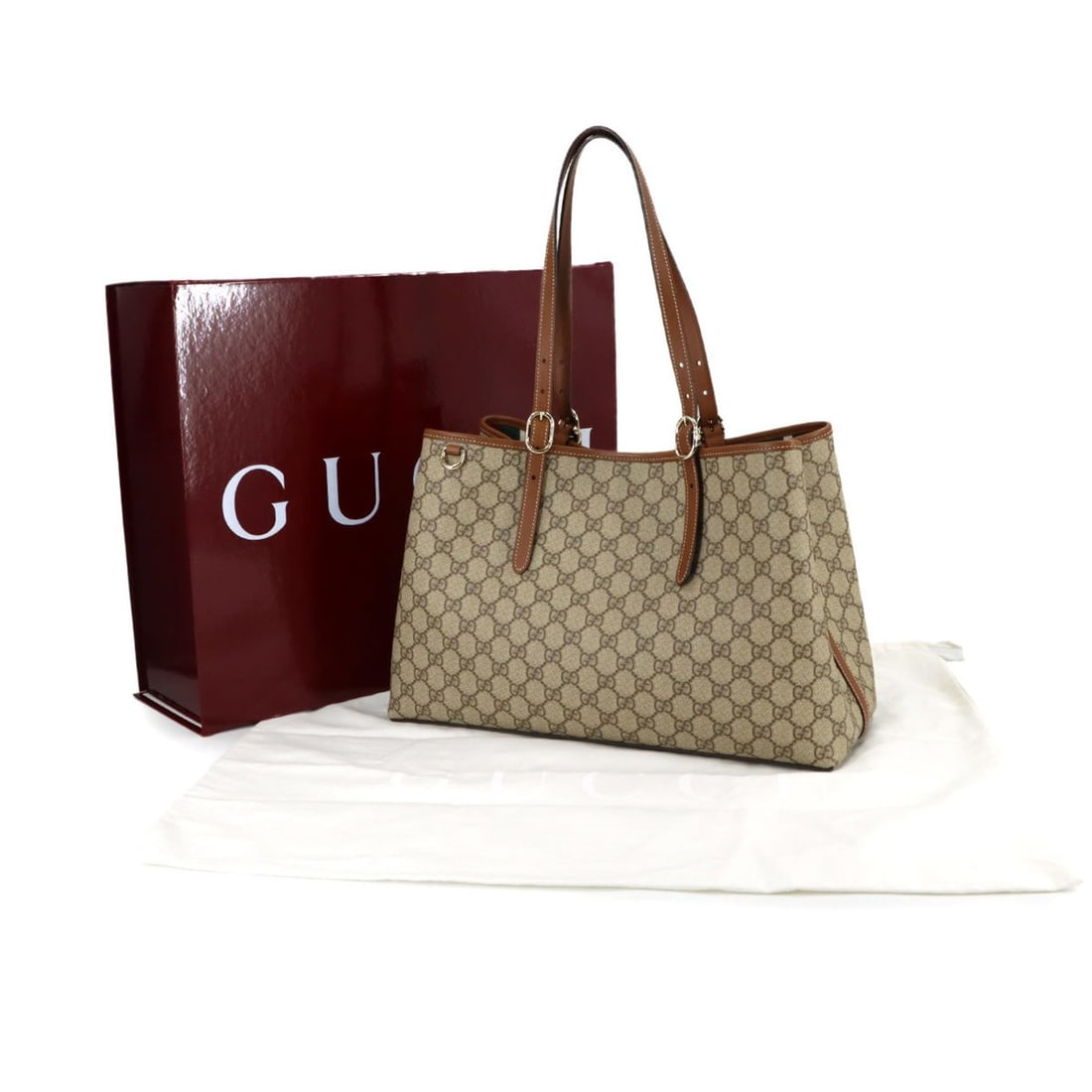 Gucci GG Emblem Large Tote Handbag, Leather, Beige/Brown, 815213, Gold Hardware.: --- Catalog ---Category: SizeSize (HxWxD): 25cm x 38cm x 15cm / 9.84'' x 14.96'' x 5.9''Category: DesignType: Handbag, Tote bagColor: Beige, BrownGender: WomenMaterial: Fabric , Leather Category: Gene