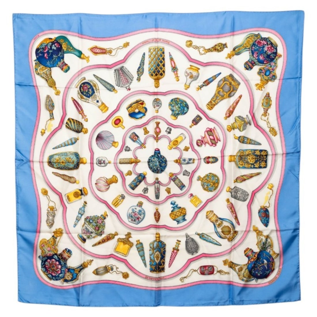 Hermes Carre 90 "Qu importe le flacon" perfume bottle scarf/muffler, light blue/multicolor silk,: --- Catalog ---Category: SizeSize (LxW): 88cm x 87cm / 34.64'' x 34.25''Category: DesignType: ScarfColor: Light blue, Multi-colorGender: WomenMaterial: Silk Category: GeneralBrand: Hermes--- Item List