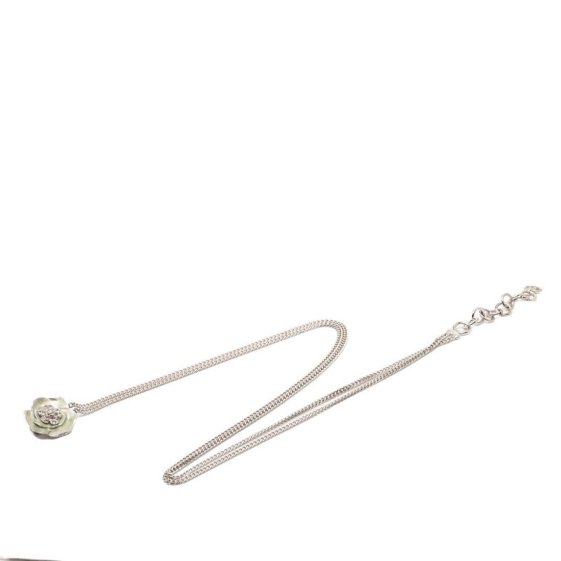 Chanel Camellia Coco Mark Rhinestone Chain Belt, Double Strand, Silver Metal, Women's CHANEL: --- Catalog ---Category: SizeLength: 74.5cm - 82cm / 29.33'' - 32.28''Category: DesignType: Chain beltColor: Blue, SilverGender: WomenEmbellishment: RhinestoneMaterial (Strap): Metal Category: General