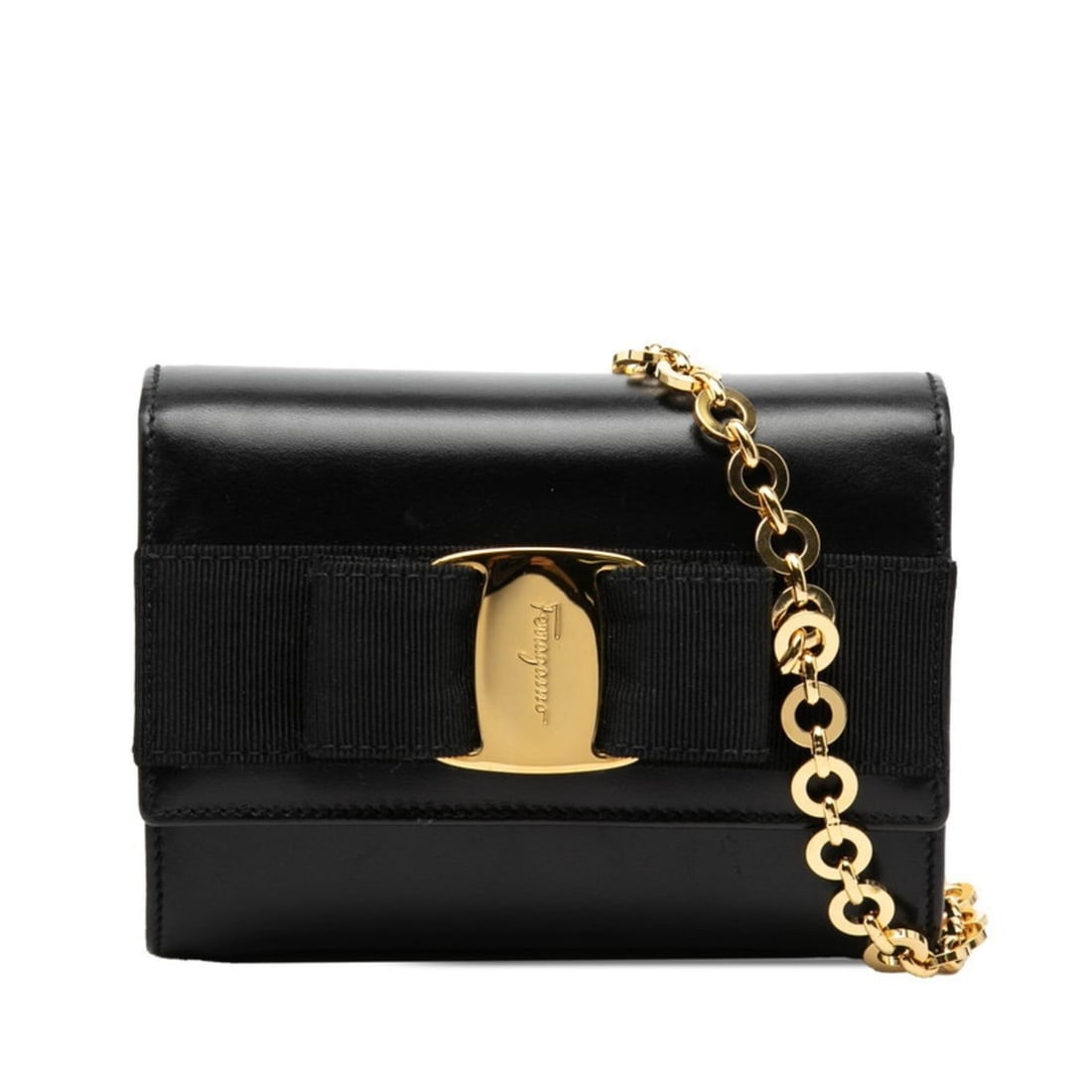 Salvatore Ferragamo Vara Ribbon Mini Chain Shoulder Bag, Black and Gold Leather, Women's.: --- Catalog ---Category: SizeSize (HxWxD): 10.5cm x 14.5cm x 5.5cm / 4.13'' x 5.7'' x 2.16''Category: DesignType: Shoulder bagColor: Black, GoldGender: WomenMaterial: Leather Category: GeneralBrand: S