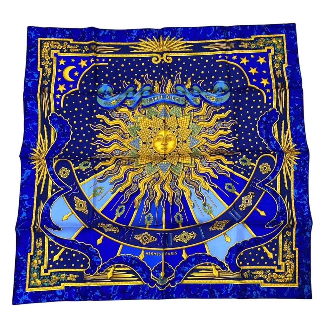 HERMES Carre 90 CARPE DIEM Enjoy Today Silk Scarf Stole Blue x Multicolor Women's: --- Catalog ---Category: SizeSize (LxW): 86.5cm x 88cm / 34.05'' x 34.64''Category: DesignType: ScarfColor: Blue, Multi-colorGender: WomenMaterial: Silk Category: GeneralBrand: Hermes--- Item List ---