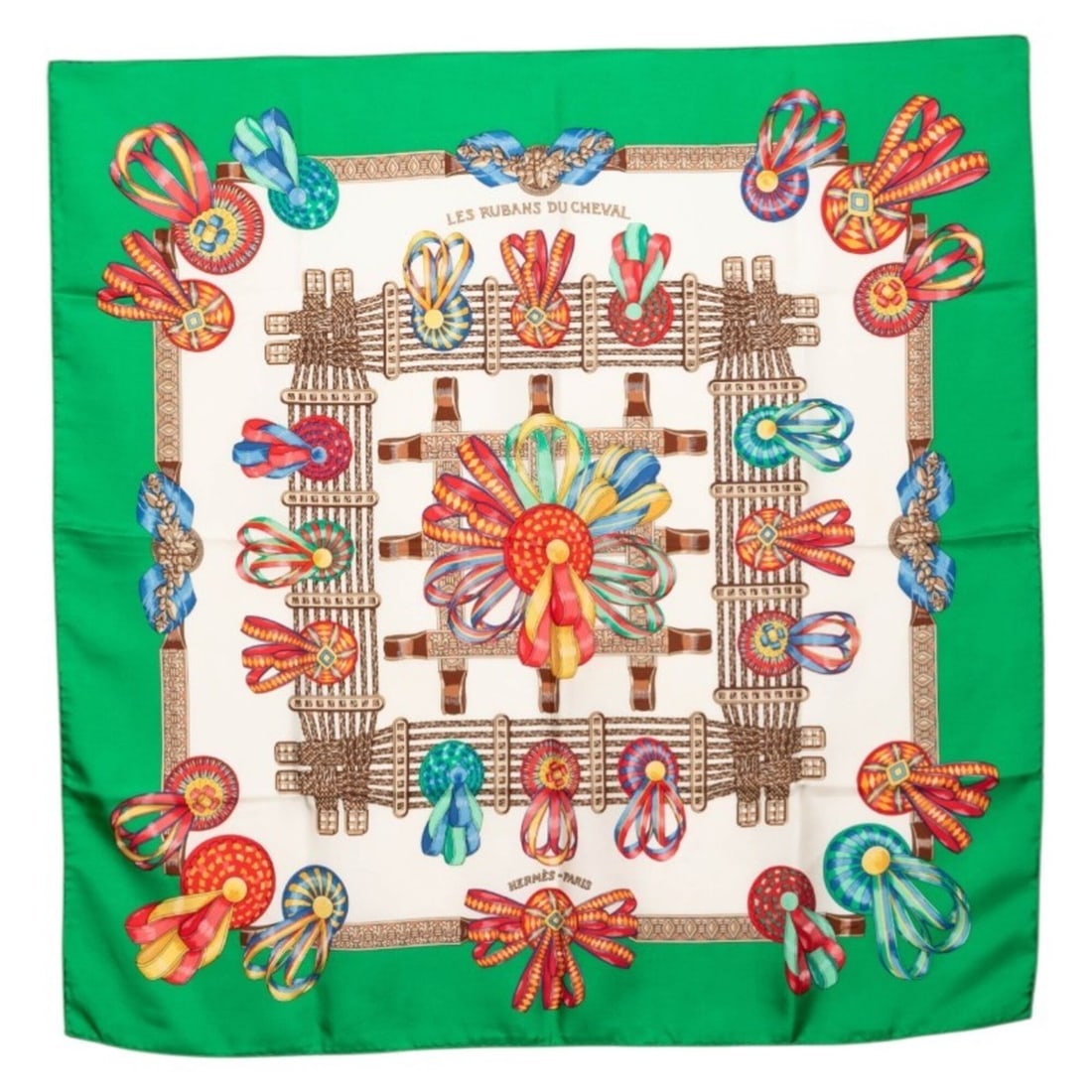 Hermes Carre 90 LES RUBANS DU CHEVAL Horse Ribbon Scarf Muffler Green Multicolor Silk Women's HERMES: --- Catalog ---Category: SizeSize (LxW): 85cm x 86cm / 33.46'' x 33.85''Category: DesignType: ScarfColor: Green, Multi-colorGender: WomenMaterial: Silk Category: GeneralBrand: Hermes--- Item List ---S