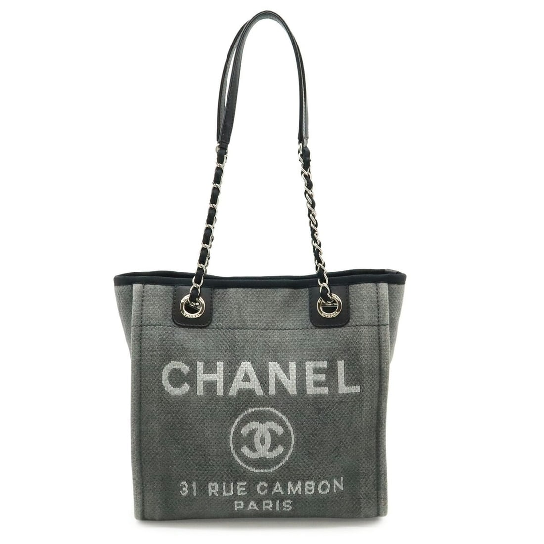CHANEL Deauville Tote Bag, Shoulder Chain Strap, Canvas and Leather, Gray Black, A66939: --- Catalog ---Category: SizeSize (HxWxD): 25.5cm x 25.5cm x 11cm / 10.03'' x 10.03'' x 4.33''Category: DesignType: Shoulder bag, Tote bagColor: Black, GrayGender: WomenMaterial: Canvas , Leather Cate