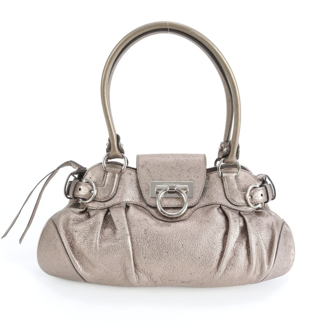 Salvatore Ferragamo Gancini Metallic Leather Shoulder Bag Tote Handbag for Women: --- Catalog ---Category: SizeSize (HxWxD): 20cm x 34cm x 1cm / 7.87'' x 13.38'' x 0.39''Category: DesignType: Handbag, Shoulder bag, Tote bagColor: MetallicGender: WomenMaterial: Leather Category: Gen