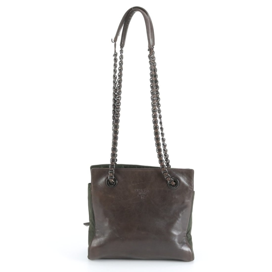 Prada Chain Leather Nylon Shoulder Bag Tote Handbag Brown Women's (1 of 20)