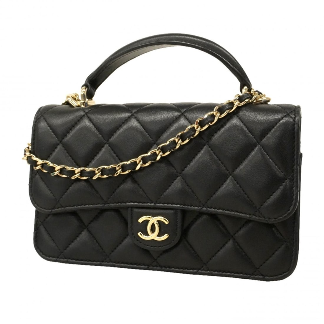 Chanel Matelassé Chain Shoulder Handbag, Lambskin, Black/Champagne, 2-way Bag for Women: --- Catalog ---Category: SizeSize (HxWxD): 10cm x 17cm x 4cm / 3.93'' x 6.69'' x 1.57''Category: DesignType: HandbagColor: BlackGender: WomenMaterial: Leather Hardware Color: Champagne goldLeather/Fur