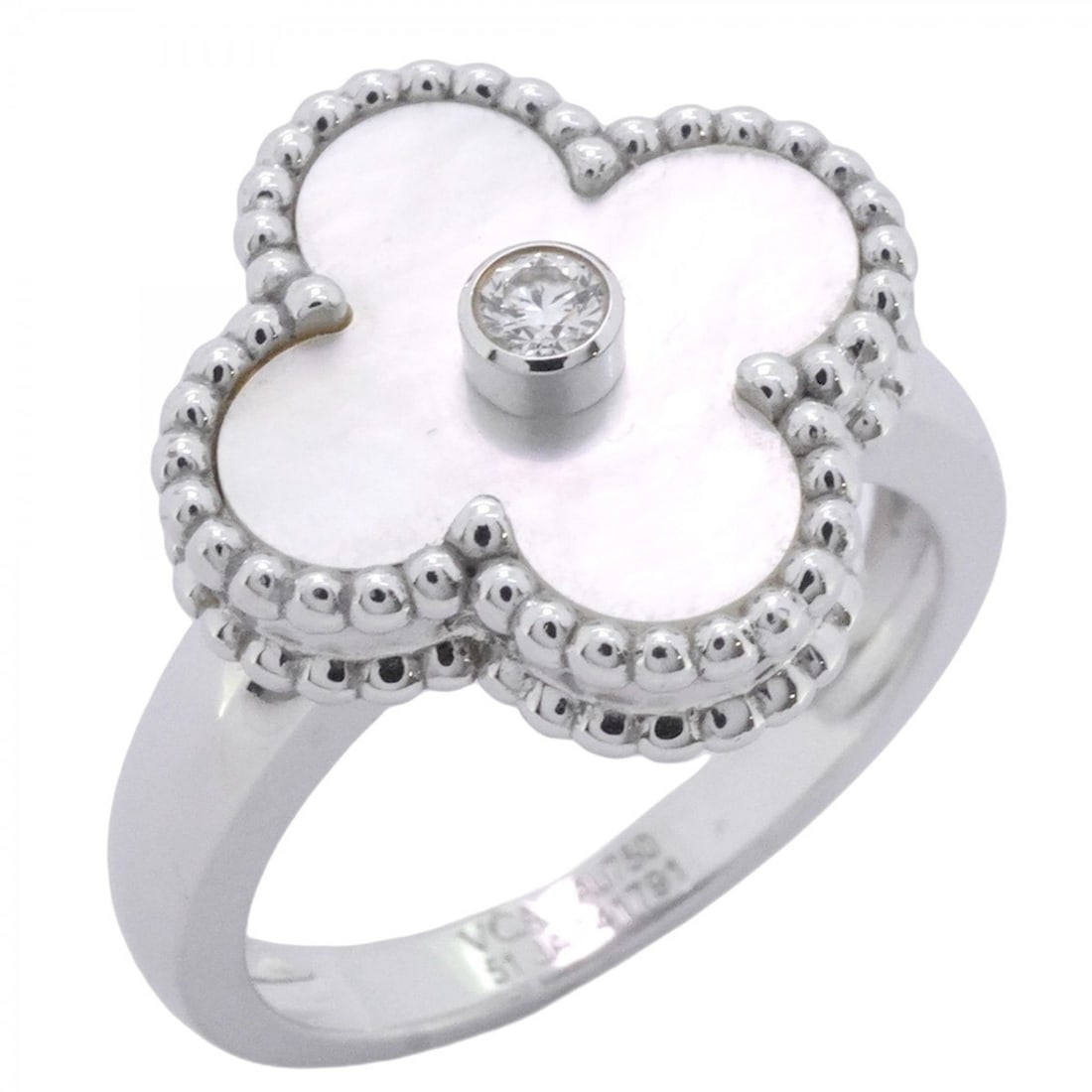 Van Cleef & Arpels Alhambra Ring, 1PD (18K White Gold), Diamond, Mother-of-Pearl, Size 51, Ladies',: --- Catalog ---Category: SizeUS Size: 6Brand Size: 51Category: DesignType: Band ringStone: DiamondGender: WomenMaterial: Mother of pearl, White gold (18K)Category: GeneralBrand: Van Cleef & Arpels---