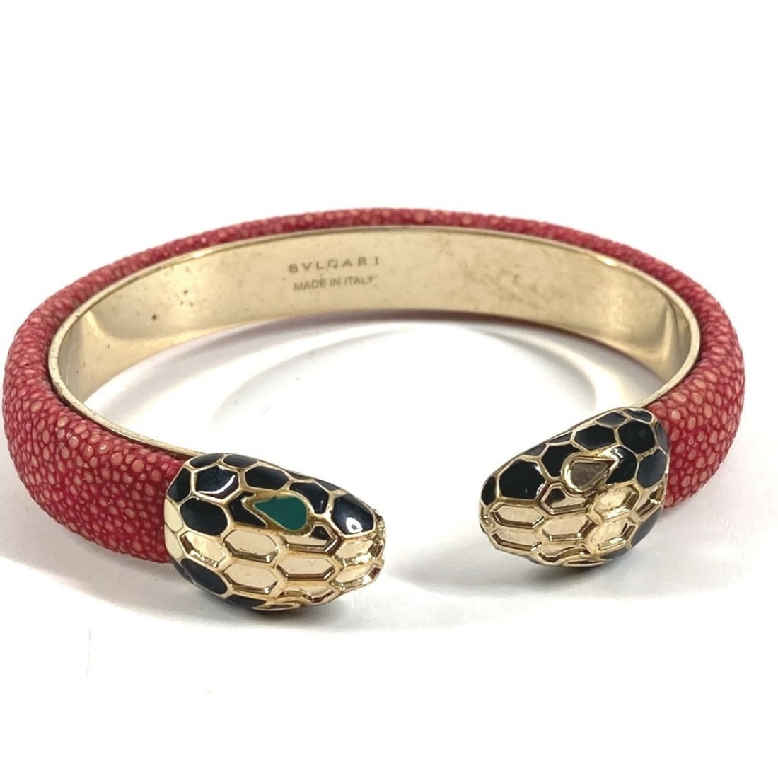 BVLGARI Serpenti Forever Logo Bangle Accessory Jewelry Bracelet Leather Metal Men's Women's Pink: --- Catalog ---Category: SizeLength: 16.5cm / 6.49''Category: DesignType: BangleColor: Gold, PinkGender: Men,WomenMaterial: Leather, MetalCategory: GeneralBrand: BvlgariCountry of Origin: Italy--- Ite