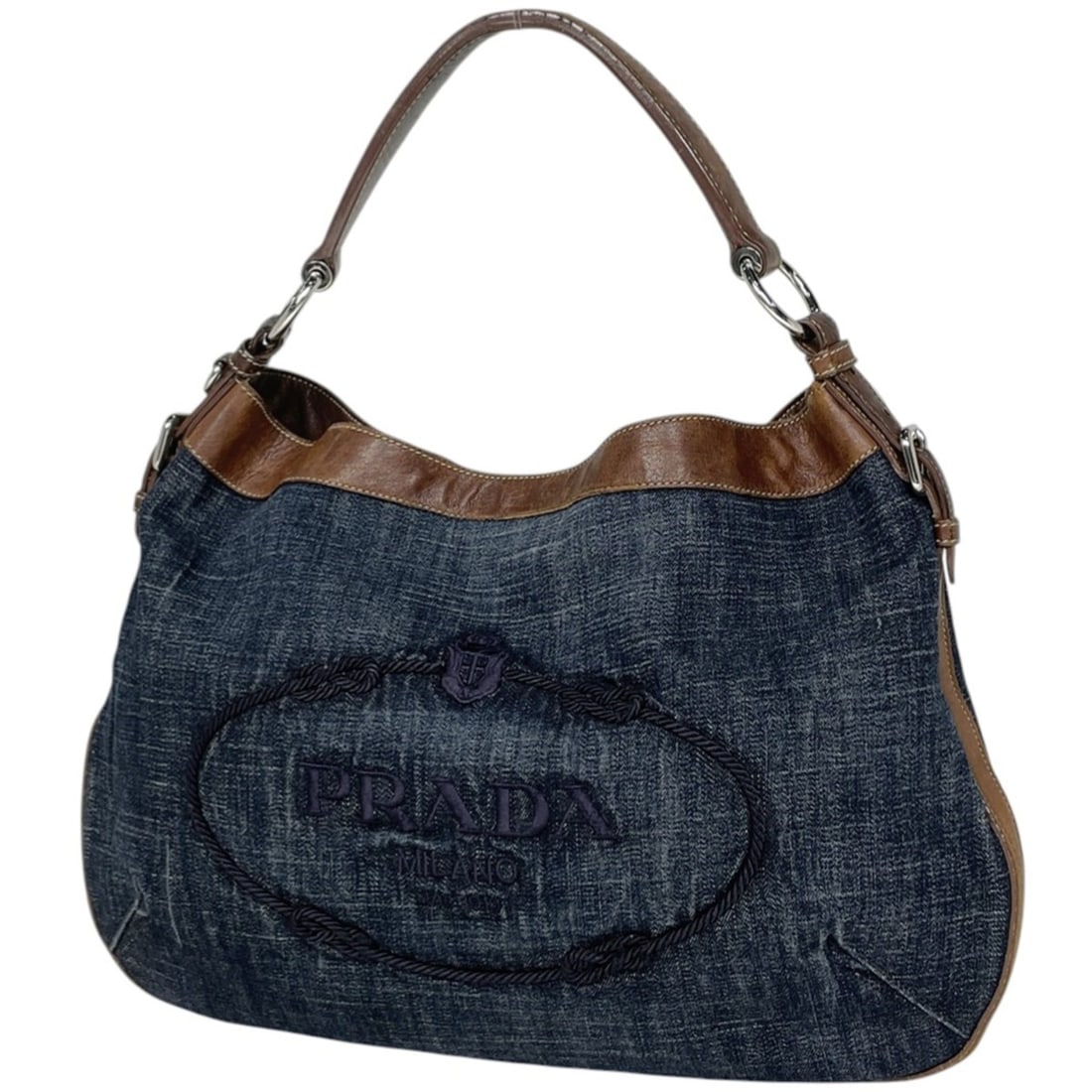 Prada PRADA Logo Shoulder Bag, One-Shoulder, Denim, Blue, Brown, Women's: --- Catalog ---Category: SizeSize (HxWxD): 27cm x 41cm x 2cm / 10.62'' x 16.14'' x 0.78''Category: DesignType: Shoulder bagColor: Blue, BrownGender: WomenLining: Leather Material: Denim Category: Gene