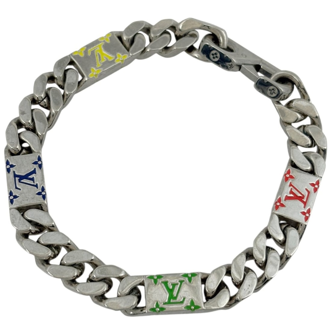 Louis Vuitton LV Mosaic Bracelet Chain Silver Plated Women's: --- Catalog ---Category: SizeLength: 20cm / 7.87''Total Length: 22.5cm / 8.85''Category: DesignType: Charm braceletColor: SilverFinish: Silver platedGender: WomenColor Grade: LCategory: GeneralBrand: