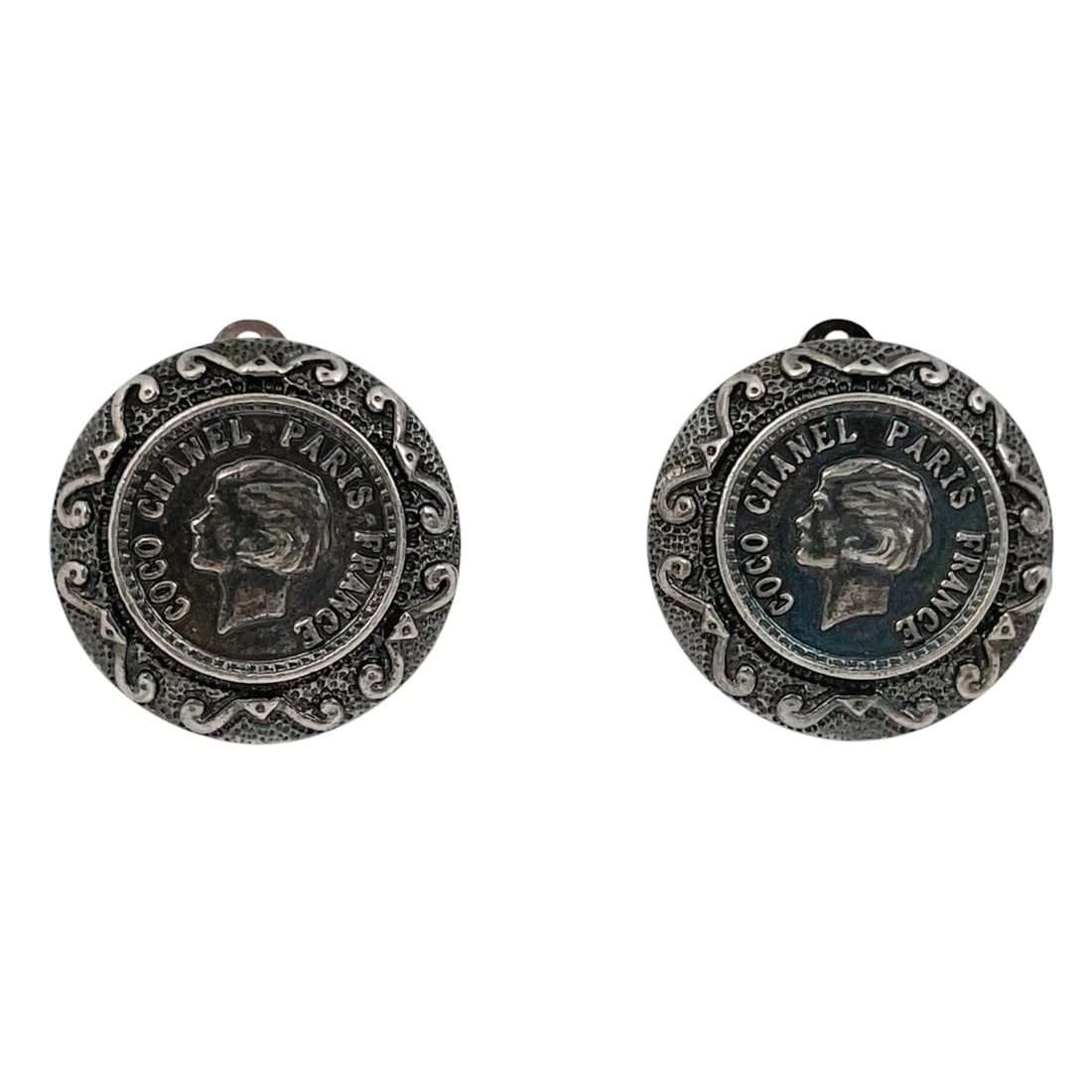 Chanel logo earrings, coin motif silver plated, silver, women's. (1 of 13)