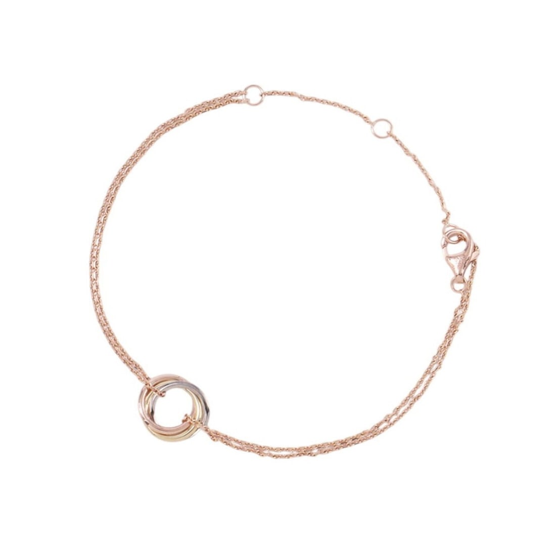 Cartier Trinity Bracelet 18K Yellow Gold Pink White B6036818: --- Catalog ---Category: SizeLength: 15.5cm - 18cm / 6.1'' - 7.08''Weight: 2.4g / 0.08oz.Category: DesignType: Charm braceletGender: WomenMaterial: Pink gold (18K), White gold (18K), Yellow gold (18K)