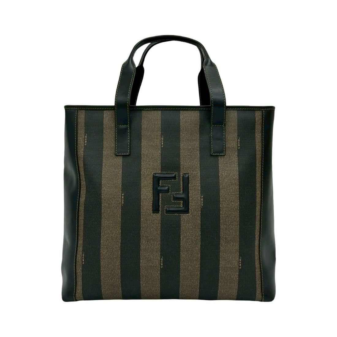 FENDI Pequin Pattern Stripe Zucca FF Leather Handbag Mini Tote Bag Black Khaki 44455: --- Catalog ---Category: SizeSize (HxWxD): 29cm x 33cm x 11cm / 11.41'' x 12.99'' x 4.33''Category: DesignType: Handbag, Tote bagColor: Black, KhakiGender: WomenMaterial: Leather , PVC Category: Gener