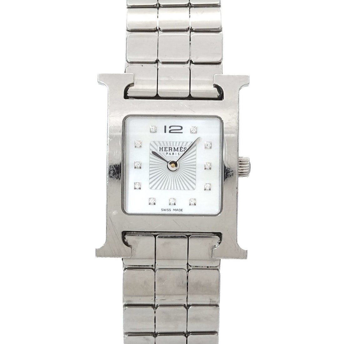 Hermes H-Watch HH1 210 Women's Watch 12P Diamond White Shell Quartz H (1 of 14)
