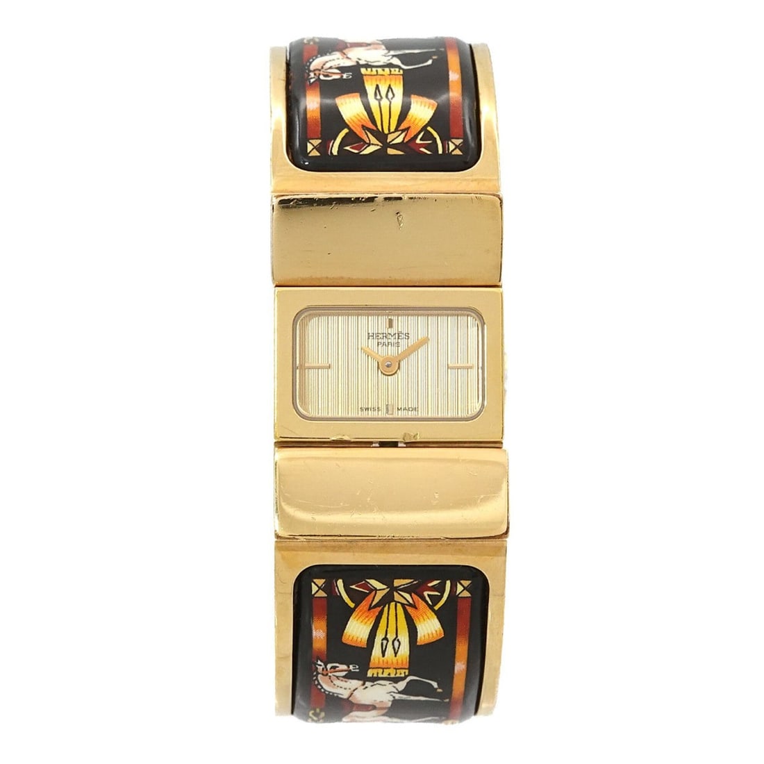 Hermes HERMES Loquet LO1 201 Bangle Watch Women's Wristwatch Cloisonné Gold Quartz: --- Catalog ---Category: SizeWrist Size: 16cm / 6.29''Case Diameter: 19mm / 0.75''Category: DesignType: WristwatchGender: WomenColor (Dial): GoldMaterial (Band): Gold plated, Stainless steelMaterial (