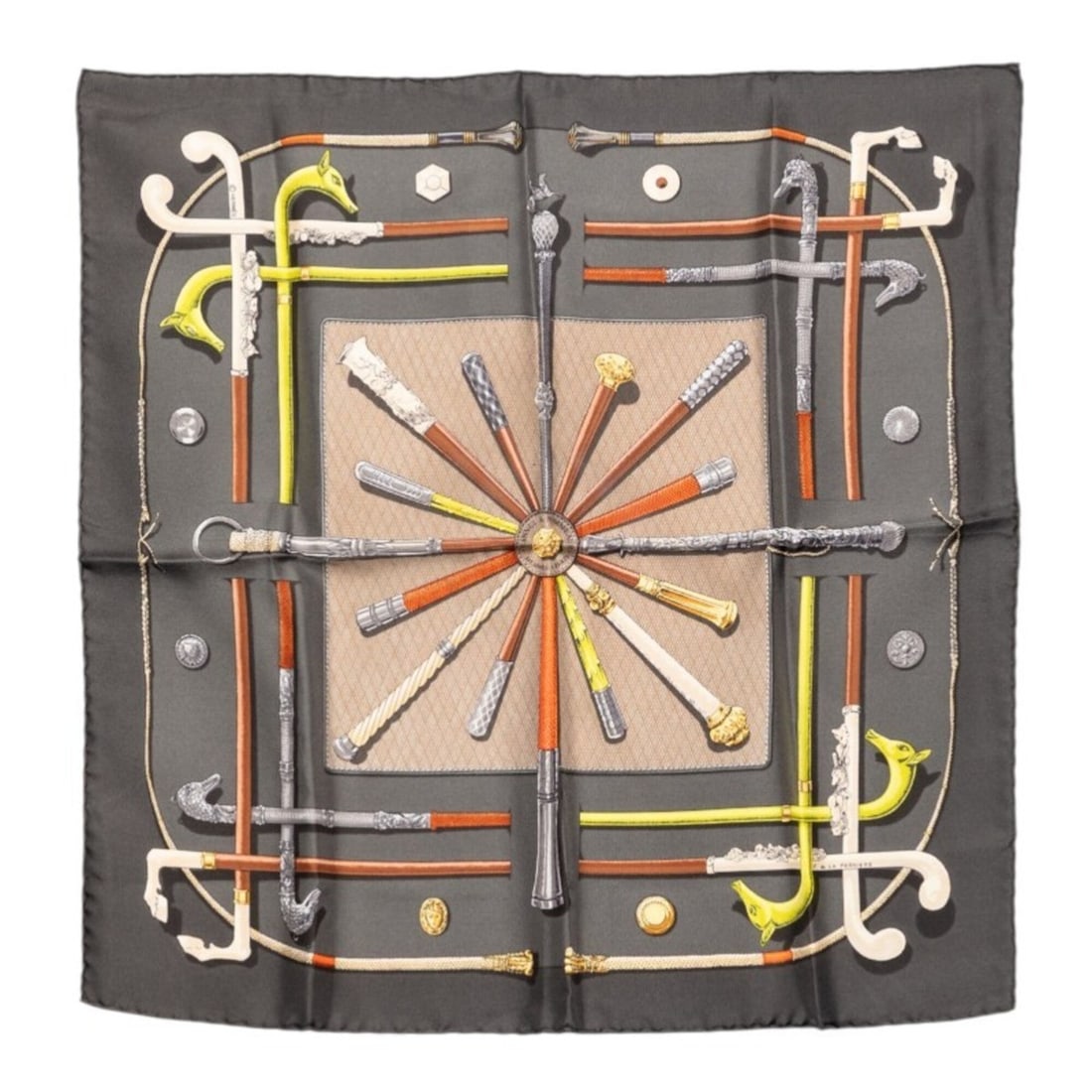 Hermes Carre 45 Cannes et Pommeaux (Walking Stick and Cane Design) Scarf, Silk, Women's: --- Catalog ---Category: SizeSize (LxW): 42cm x 42cm / 16.53'' x 16.53''Category: DesignType: ScarfGender: WomenMaterial: Silk Category: GeneralBrand: Hermes--- Item List ---Section: ConditionRanking: