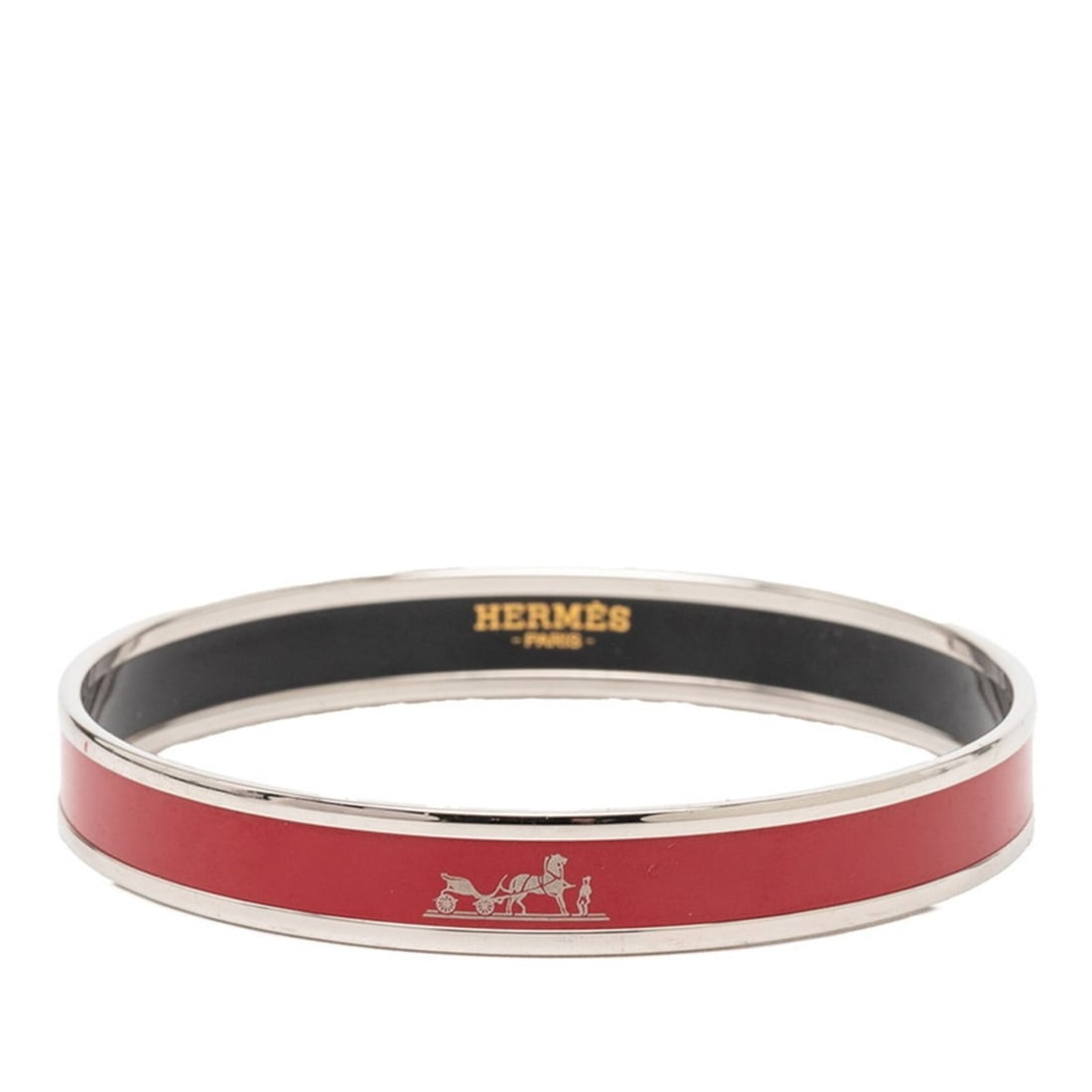 Hermes Email PM Caleche Bangle, Silver and Red Metal, Women's: --- Catalog ---Category: SizeLength: 20cm / 7.87''Category: DesignType: BangleColor: Red color, SilverGender: WomenMaterial: MetalCategory: GeneralBrand: Hermes--- Item List ---Section: ConditionRanki