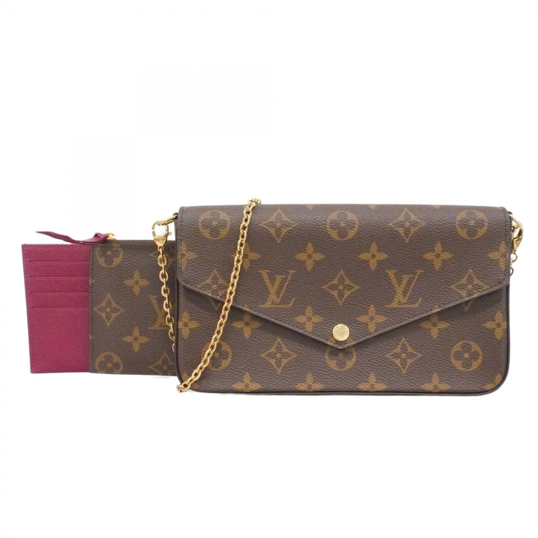 Louis Vuitton Monogram Pochette Felicie Shoulder Wallet M81896 Brown Fuchsia Women's P2624458: --- Catalog ---Category: SizeSize (HxWxD): 12.5cm x 21cm x 3cm / 4.92'' x 8.26'' x 1.18''Category: DesignType: Chain/Shoulder walletColor: Brown, FuchsiaGender: WomenCategory: GeneralMPN: M81896Brand: