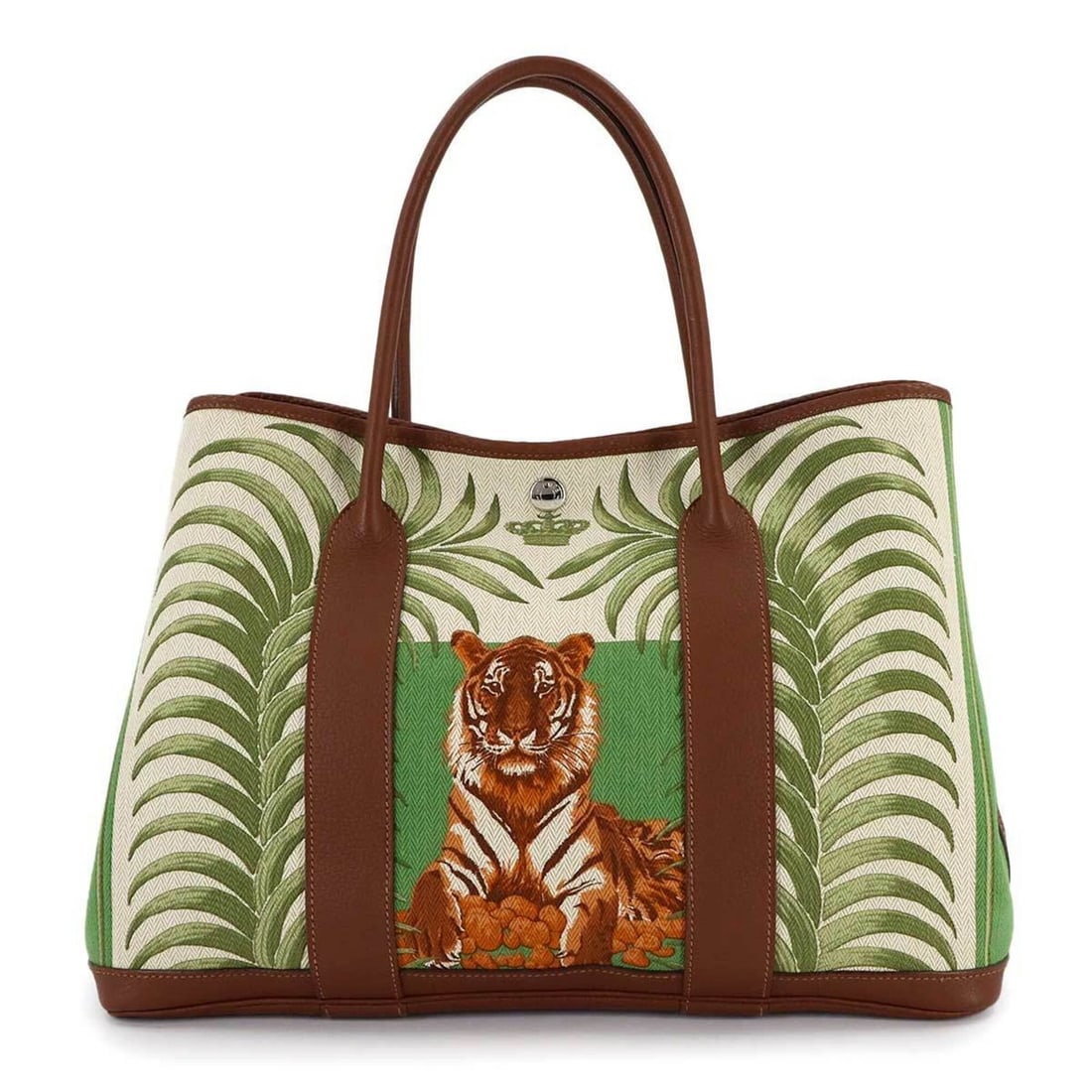 Hermes Garden 36 PM Tote Handbag, Toile Chevron Leather, Green/Brown, ?N Stamp: --- Catalog ---Category: SizeSize (HxWxD): 36cm x 17cm / 14.17'' x 6.69''Category: DesignType: Handbag, Tote bagColor: Brown, GreenGender: WomenMaterial: Toile chevron , Leather Category: GeneralBrand