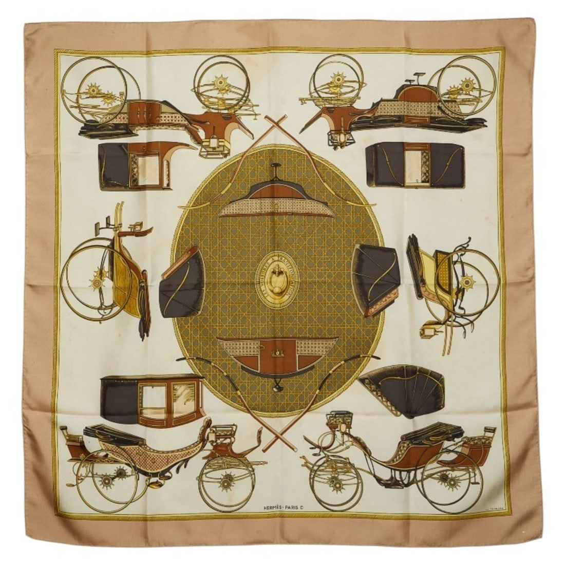Hermes Carre 90 LES VOITURES A TRANSFORMATION (Folding Carriage) Scarf/Muffler, Beige/Multicolor,: --- Catalog ---Category: SizeSize (LxW): 89cm x 87.5cm / 35.03'' x 34.44''Category: DesignType: ScarfColor: Beige, Multi-colorGender: WomenCategory: GeneralBrand: Hermes--- Item List ---Section: Condi