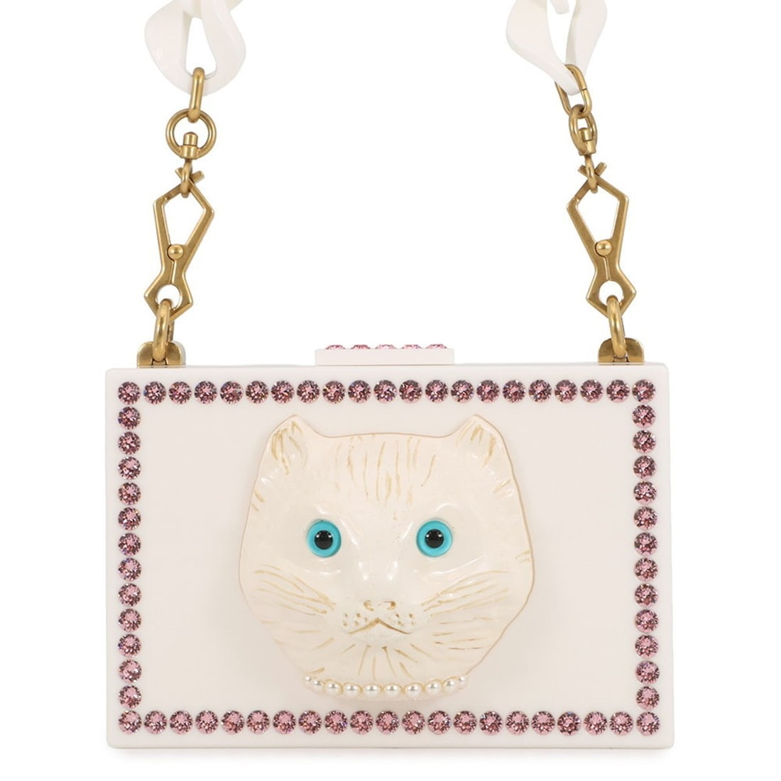Gucci shoulder bag, cat design, plastic rhinestones, faux pearls, 500259, GUCCI handbag, white,: --- Catalog ---Category: SizeSize (HxWxD): 12cm x 18cm x 3.5cm / 4.72'' x 7.08'' x 1.37''Category: DesignType: Handbag, Shoulder bagColor: WhiteGender: WomenMaterial: Plastic Category: GeneralMPN: 500