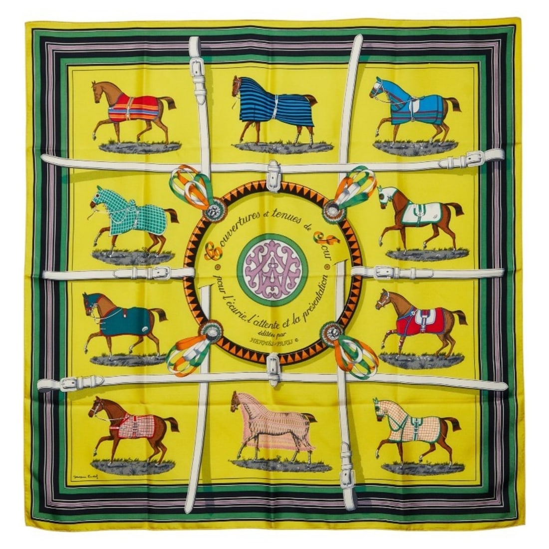 Hermes Carre 90 Editees by Racehorse Scarf Muffler Yellow Multicolor Women's HERMES: --- Catalog ---Category: SizeSize (LxW): 88cm x 86cm / 34.64'' x 33.85''Category: DesignType: ScarfColor: Multi-color, YellowGender: WomenCategory: GeneralBrand: Hermes--- Item List ---Section: Condit