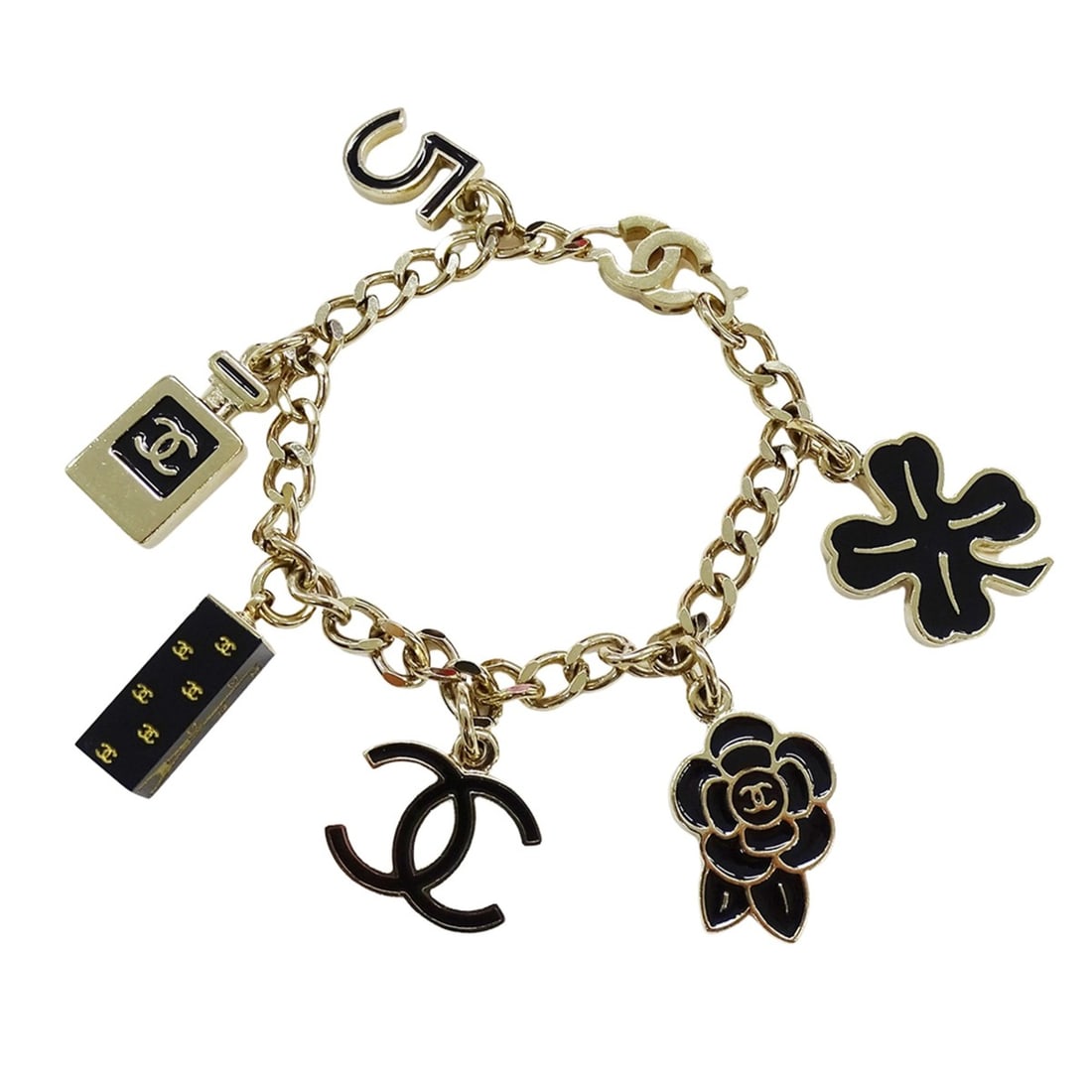 Chanel CHANEL Bracelet for Women, Brand GP Icon Coco Mark No. 5 Camellia Clover Gold Black 05C: --- Catalog ---Category: SizeLength: 18cm / 7.08''Category: DesignType: Charm braceletColor: Black, GoldGender: WomenMaterial: Gold platingCategory: GeneralBrand: ChanelCountry of Origin: Italy--- Ite