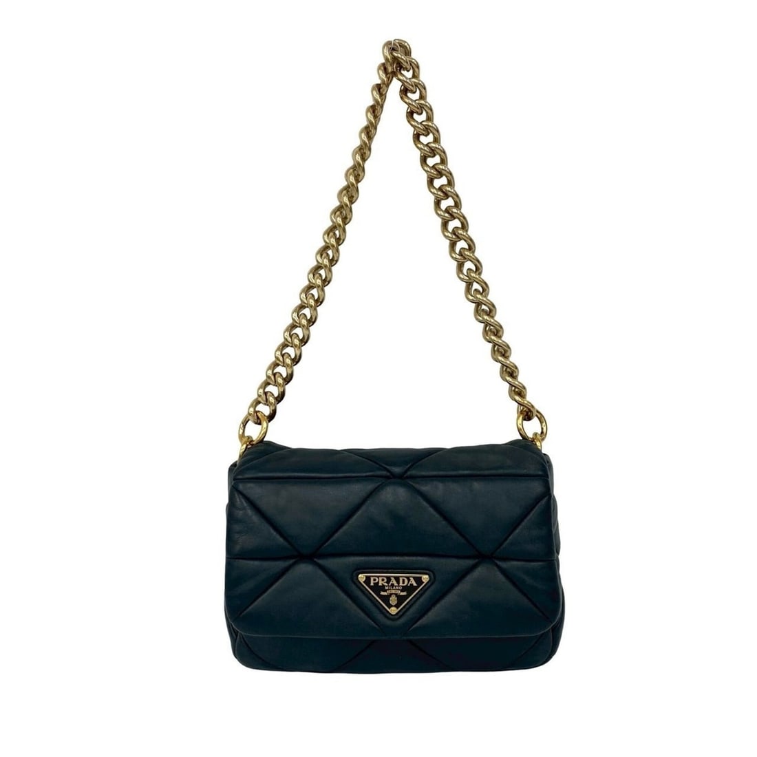 PRADA Spectrum Triangle Logo Hardware Leather Genuine Chain Semi One Shoulder Bag Pouch Black i91-5: --- Catalog ---Category: SizeSize (HxWxD): 14cm x 20cm x 6.5cm / 5.51'' x 7.87'' x 2.55''Category: DesignType: Pochette, Shoulder bagColor: BlackGender: WomenMaterial: Leather Category: GeneralBrand: