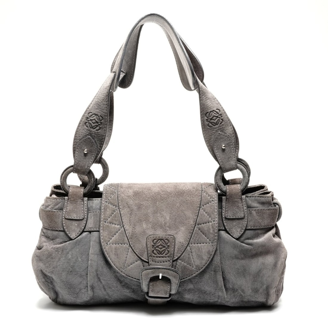 Loewe suede Anagram Boston shoulder bag, gray: --- Catalog ---Category: SizeSize (HxWxD): 19cm x 36cm x 10cm / 7.48'' x 14.17'' x 3.93''Strap Length: 62cm / 24.4''Category: DesignType: Shoulder bagColor: GrayGender: WomenMaterial: Suede Category: