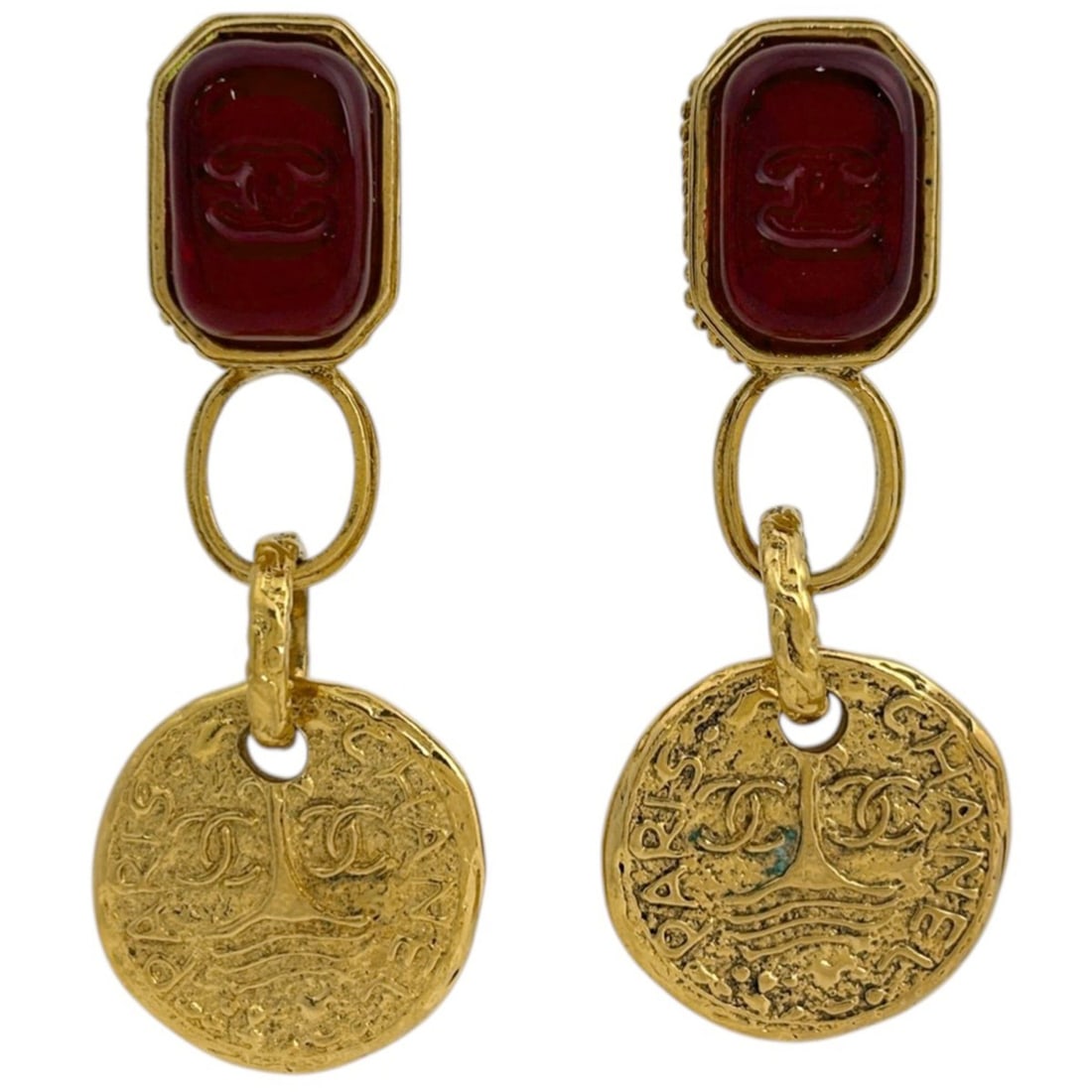 Chanel Coco Mark Color Stone Earrings Gripoix Swing GP Gold Red Women's: --- Catalog ---Category: SizeStone Size (HxW): 250.00mm x 630.00mm / 9.84'' x 24.80''Category: DesignColor: Gold, Red colorGender: WomenCategory: GeneralBrand: Chanel--- Item List ---Section: Conditio