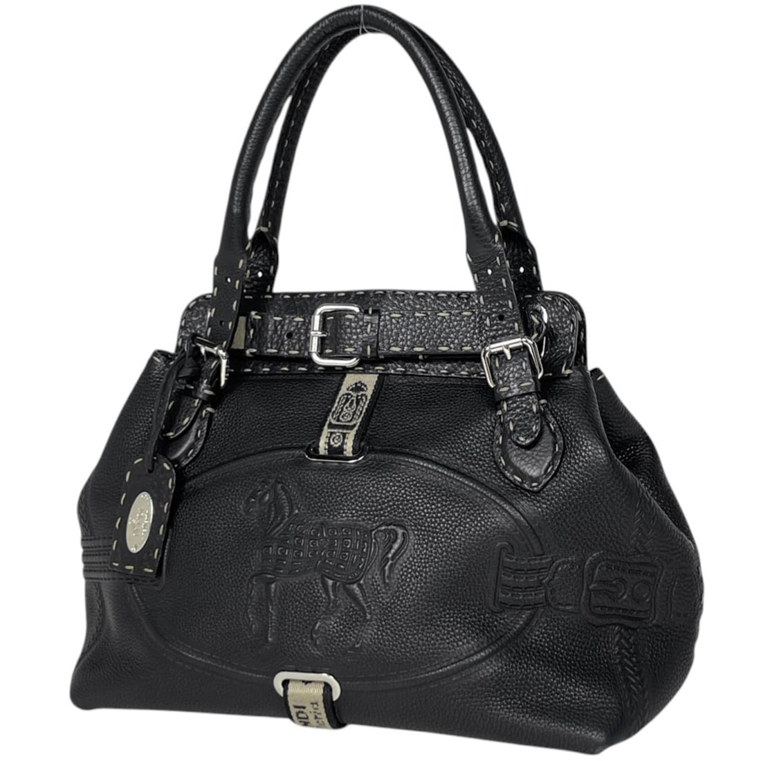 Fendi Selleria Villa Borghese Handbag, Horse Leather, Black, 8BN155, Women's: --- Catalog ---Category: SizeSize (HxWxD): 25cm x 29.5cm x 16cm / 9.84'' x 11.61'' x 6.29''Category: DesignType: HandbagColor: BlackGender: WomenMaterial: Leather Category: GeneralMPN: 8BN155Brand: Fe