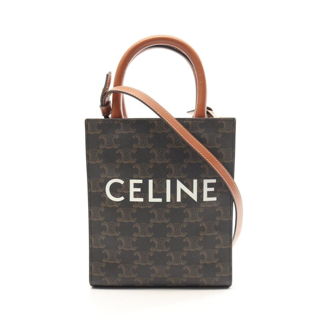 Celine Mini Vertical Cabas Triomphe 2-Way Handbag, Coated Canvas Leather, Women's, Black/Brown,: --- Catalog ---Category: SizeSize (HxWxD): 20cm x 17cm x 5cm / 7.87'' x 6.69'' x 1.96''Category: DesignType: HandbagColor: Black, BrownGender: WomenMaterial: Coated canvas , Leather Category: GeneralM